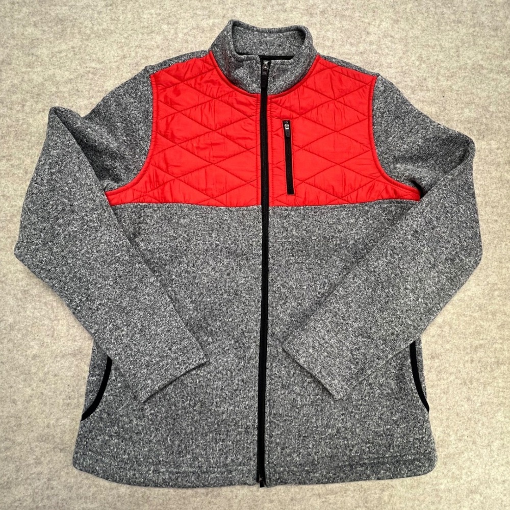 ZYIA Active Mens Zip‎ Up Fleece Jacket Quilted Accents Gray Red Size L
